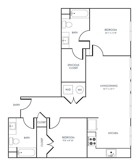 Floor plan for 2 beds, 2 baths, 958 sqft
